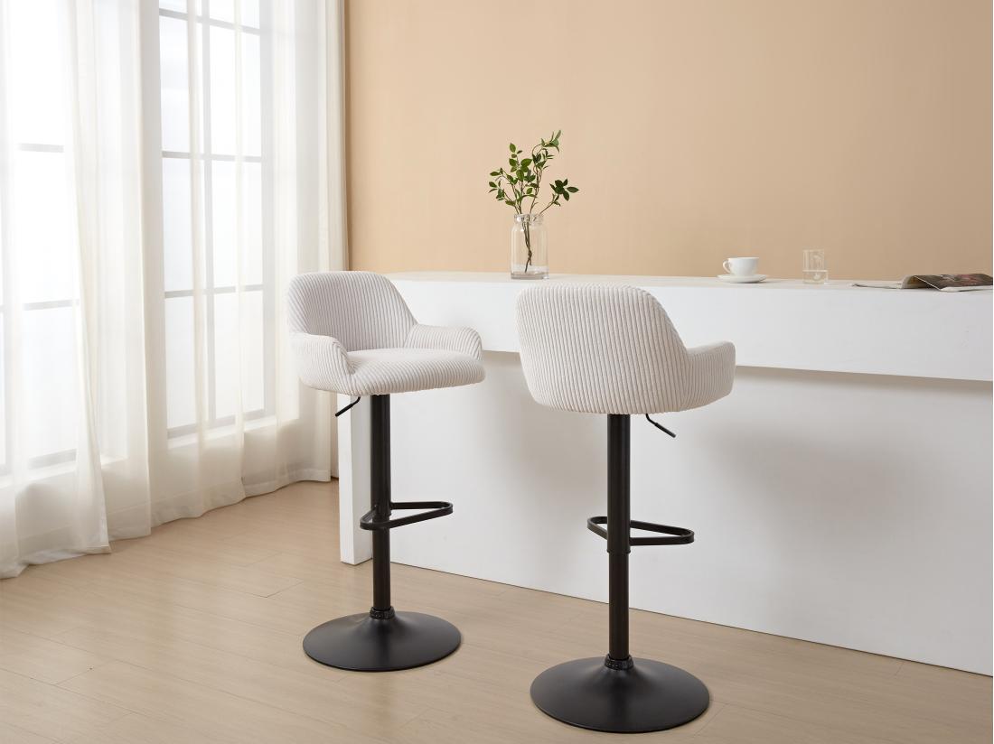 vente unique Lot de 2 tabourets en velours côtelé et métal noir - Hauteur réglable - Crème - LILIYA