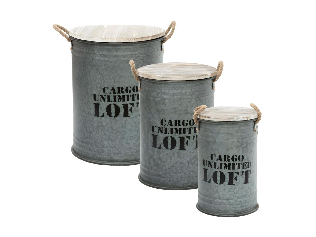 Vente Unique Lot De 3 Coffres Bidon En Métal Gris Alu Loft Rétro Factory