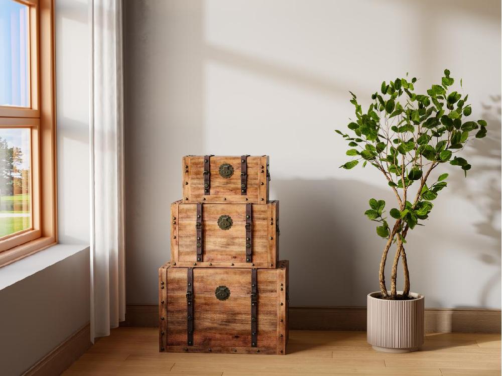 vente unique Lot de 3 malles en bois de sapin et MDF - 3 tailles - Naturel - ESPARTA