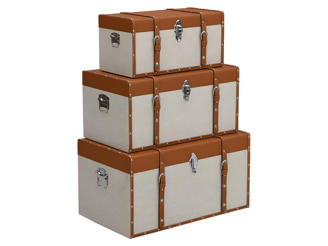 Vente Unique Lot De 3 Malles En Bois De Sapin Et MDF - Revêtement En Simili Et Tissu - 3 Tailles - Marron Et Taupe- JACINTO