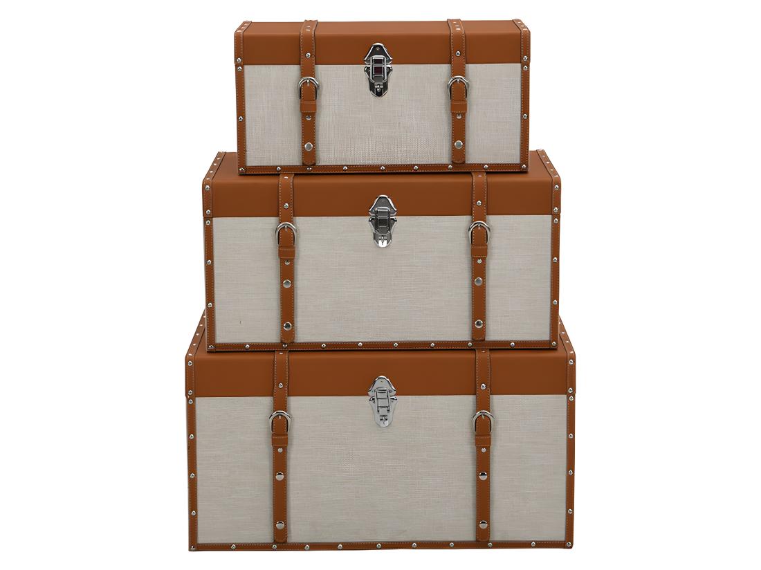 Vente Unique Lot De 3 Malles En Bois De Sapin Et MDF - Revêtement En Simili Et Tissu - 3 Tailles - Marron Et Taupe- JACINTO