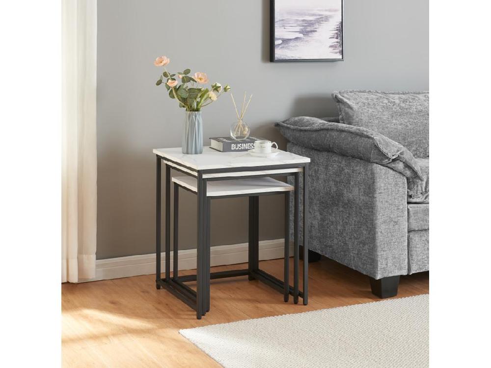 Vente Unique Lot De 3 Tables Basses Gigognes Trollhättan Noir Effet Marbre Blanc [en.casa]