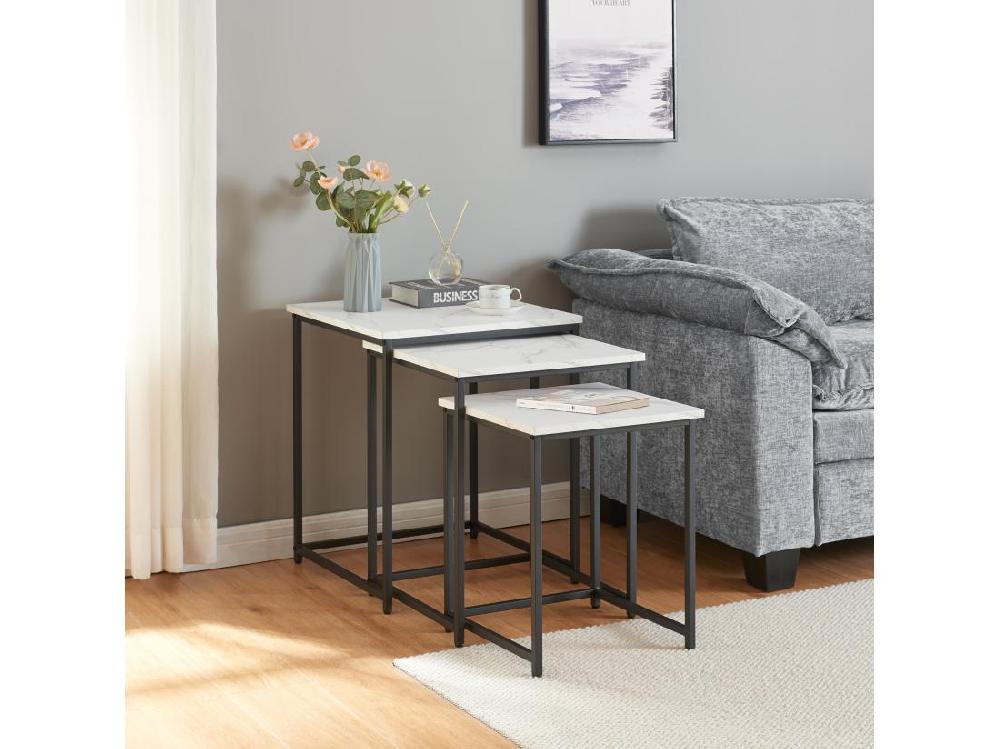 vente unique Lot de 3 tables basses gigognes Trollhättan noir effet marbre blanc [en.casa]