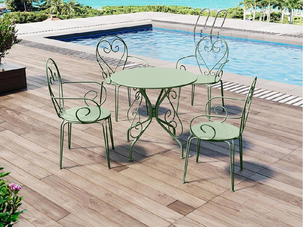 Vente Unique Lot De 4 Fauteuils De Jardin Empilables En Métal Façon Fer Forgé - Vert Amande - GUERMANTES De MYLIA