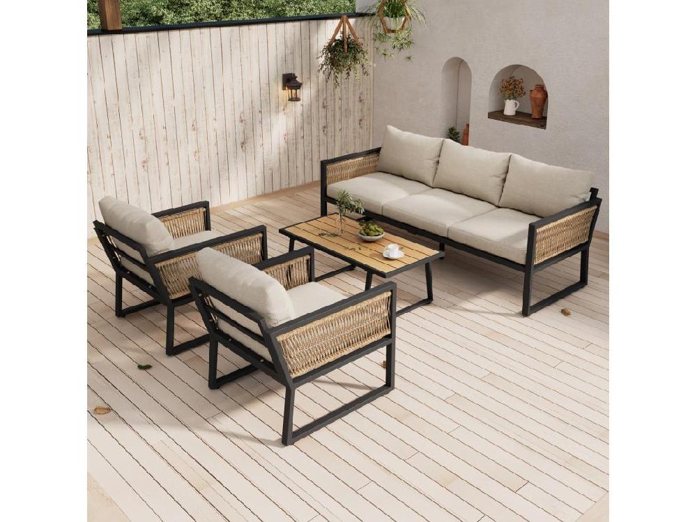 Vente Unique Lot De 4 Salon De Jardin En Acier Galvanisé Avec Coussin Beige : Canapé 3 Places 2 Fauteuils Et Table Basse