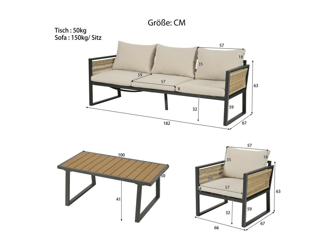 Vente Unique Lot De 4 Salon De Jardin En Acier Galvanisé Avec Coussin Beige : Canapé 3 Places 2 Fauteuils Et Table Basse