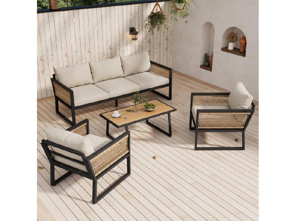 vente unique Lot de 4 salon de jardin en acier galvanisé avec coussin beige : canapé 3 places 2 fauteuils et table basse