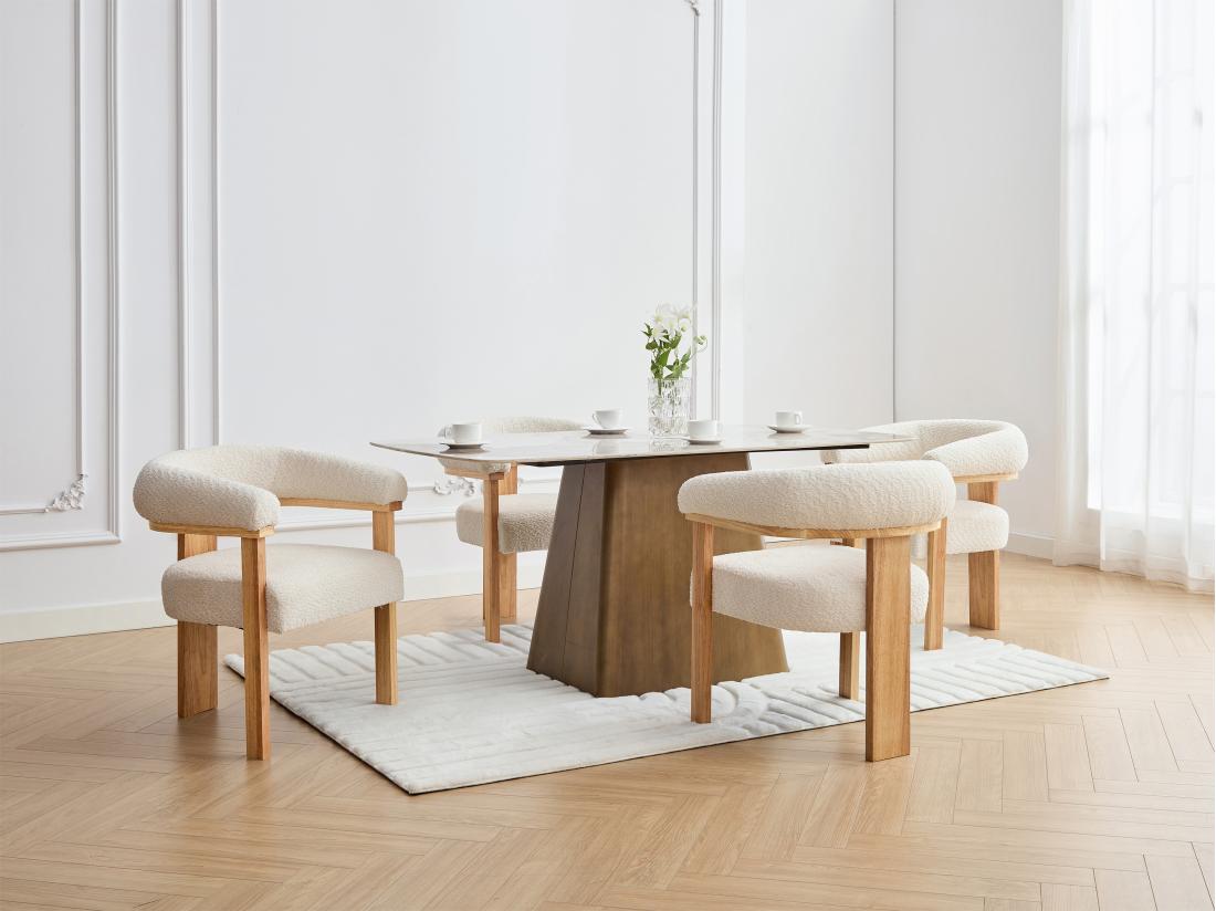 vente unique Lot de 6 chaises avec accoudoirs en tissu bouclette et bois d'hévéa naturel - Blanc - LIVELIA de Pascal MORABITO