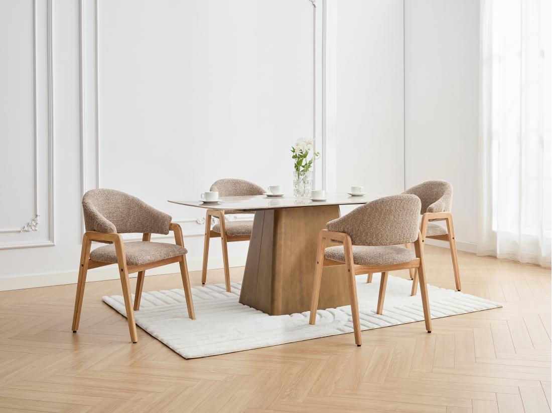 vente unique Lot de 6 chaises avec accoudoirs en tissu bouclette et bois d'hévéa - Taupe et naturel - SOLUNA