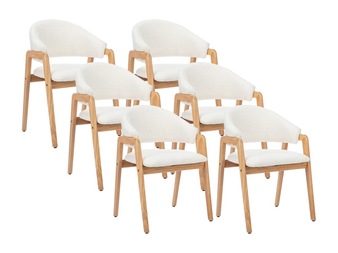 Vente Unique Lot De 6 Chaises Avec Accoudoirs En Tissu Bouclette Et Bois D'hévéa - Blanc Et Naturel - SOLUNA