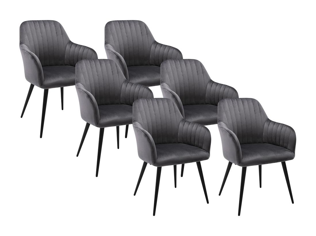 Vente Unique Lot De 6 Chaises Avec Accoudoirs En Velours Et Métal Noir - Gris - ELEANA
