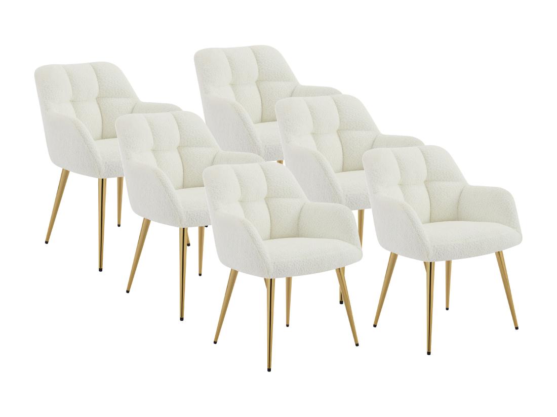 Vente Unique Lot De 6 Chaises Avec Accoudoirs - Tissu Bouclette Et Métal Doré - Blanc - PEGA De Pascal MORABITO
