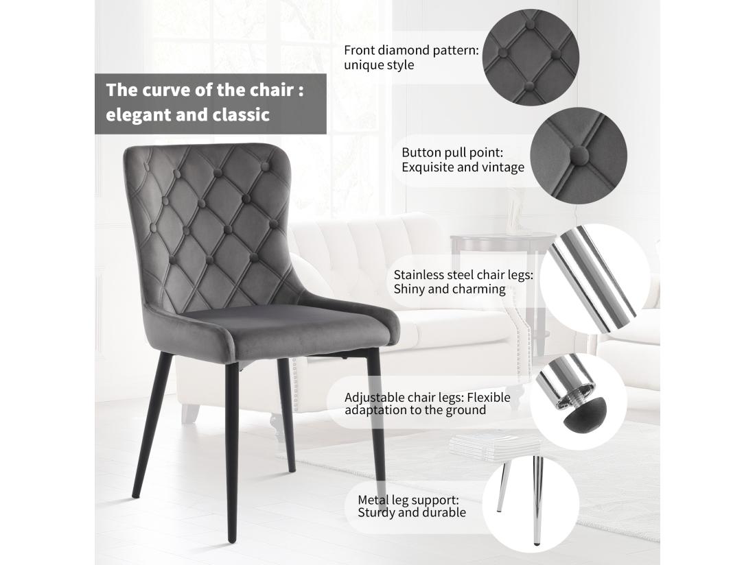 Vente Unique Lot De 6 Chaises En Velours Avec Pieds En Fer Noir - Gris