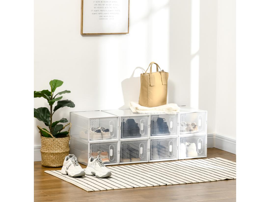 Vente Unique Lot De 8 Boites Cubes Rangement à Chaussures Modulable Avec Portes Transparentes - Dim. 25L X 35l X 19H Cm - PP Blanc Transparent