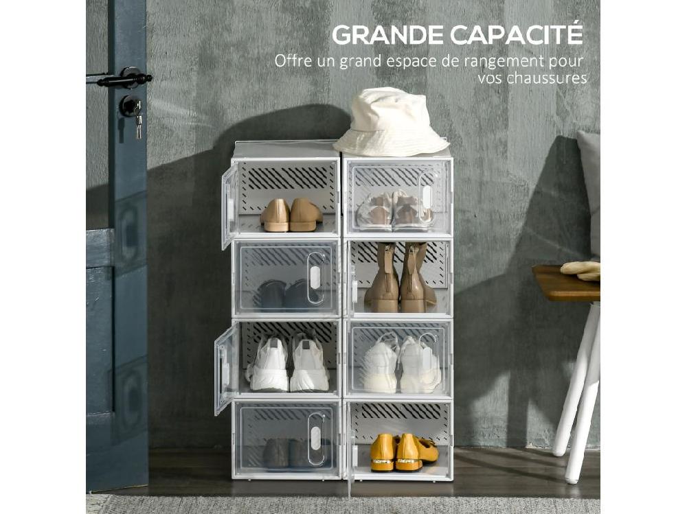 Vente Unique Lot De 8 Boites Cubes Rangement à Chaussures Modulable Avec Portes Transparentes - Dim. 25L X 35l X 19H Cm - PP Blanc Transparent