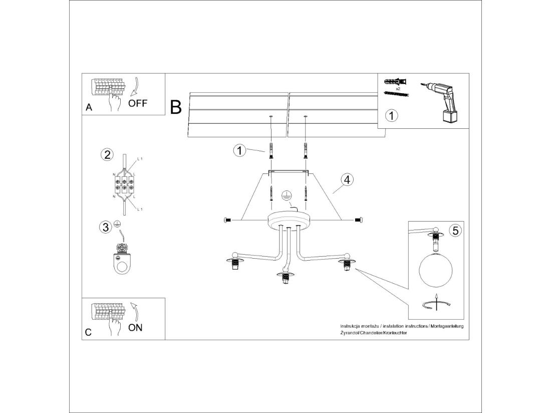 Vente Unique Lustre Astral Minimaliste En Acier/verre - 3 Sources Lumineuses - L.62 X H.29 Cm - Noir/blanc