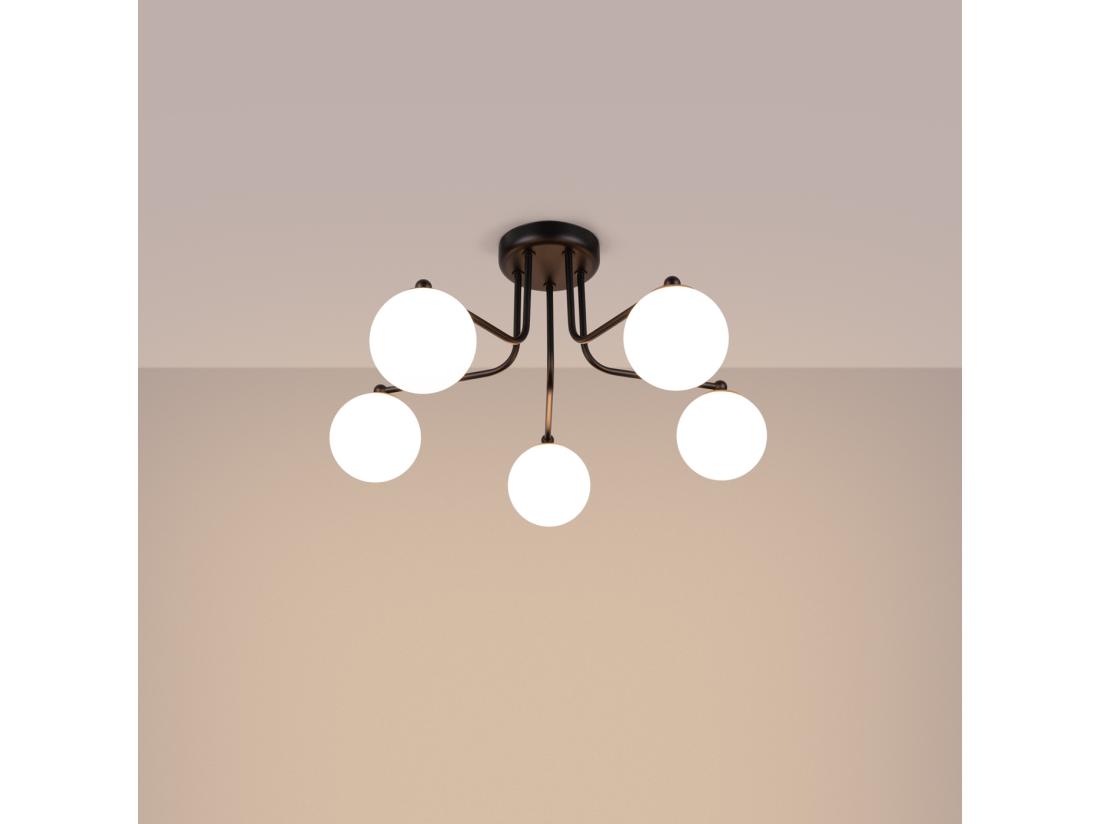 Vente Unique Lustre Astral Minimaliste En Acier/verre - 5 Sources Lumineuses - L.58 X H.29 Cm - Noir/blanc