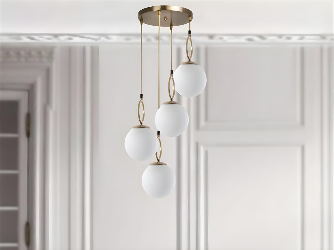 vente unique Lustre en métal 4 globes - D. 30 x H. 70 cm - Blanc et cuivre - ASROUN