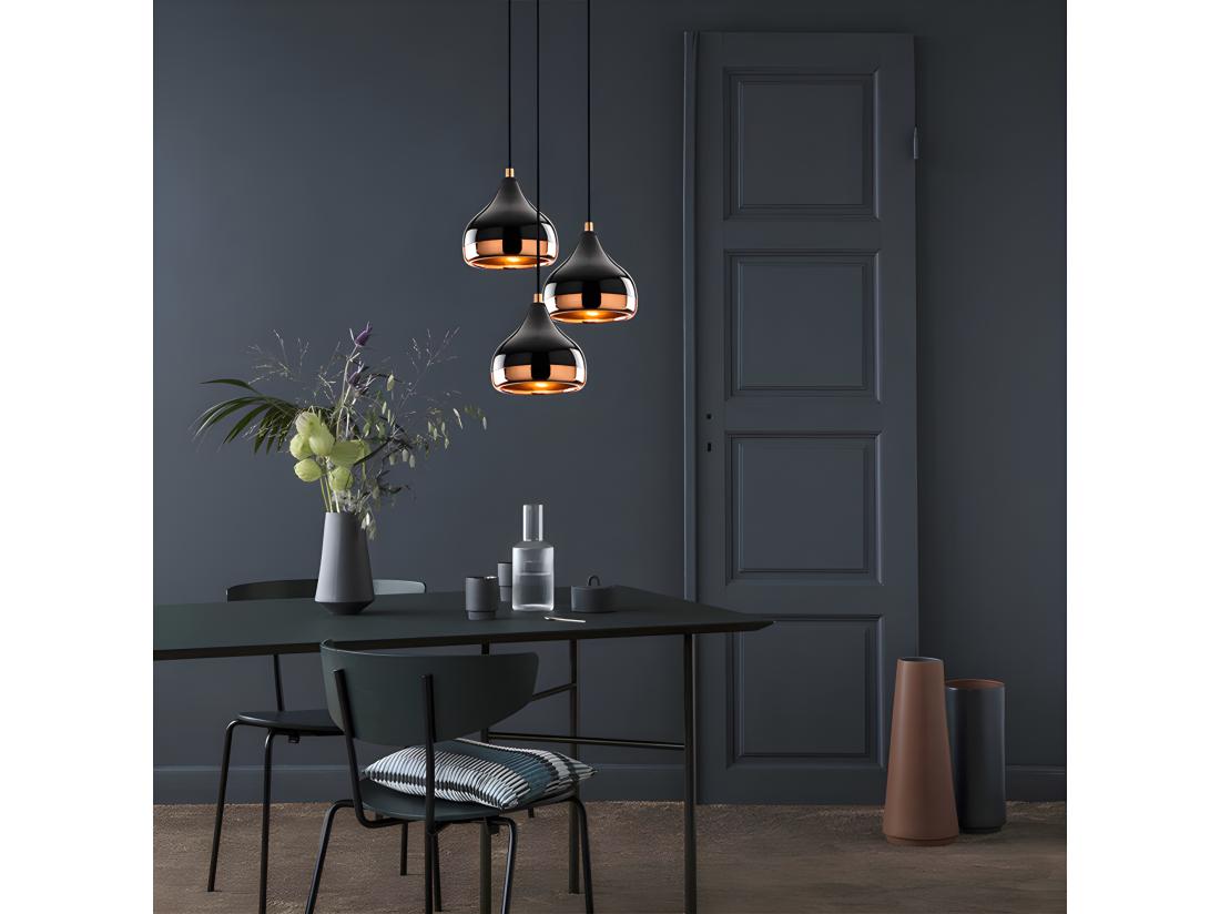 vente unique Lustre en métal à hauteur réglable - 3 abat-jours - D. 37 x H. 25/111 cm - Noir et cuivré - YILDO