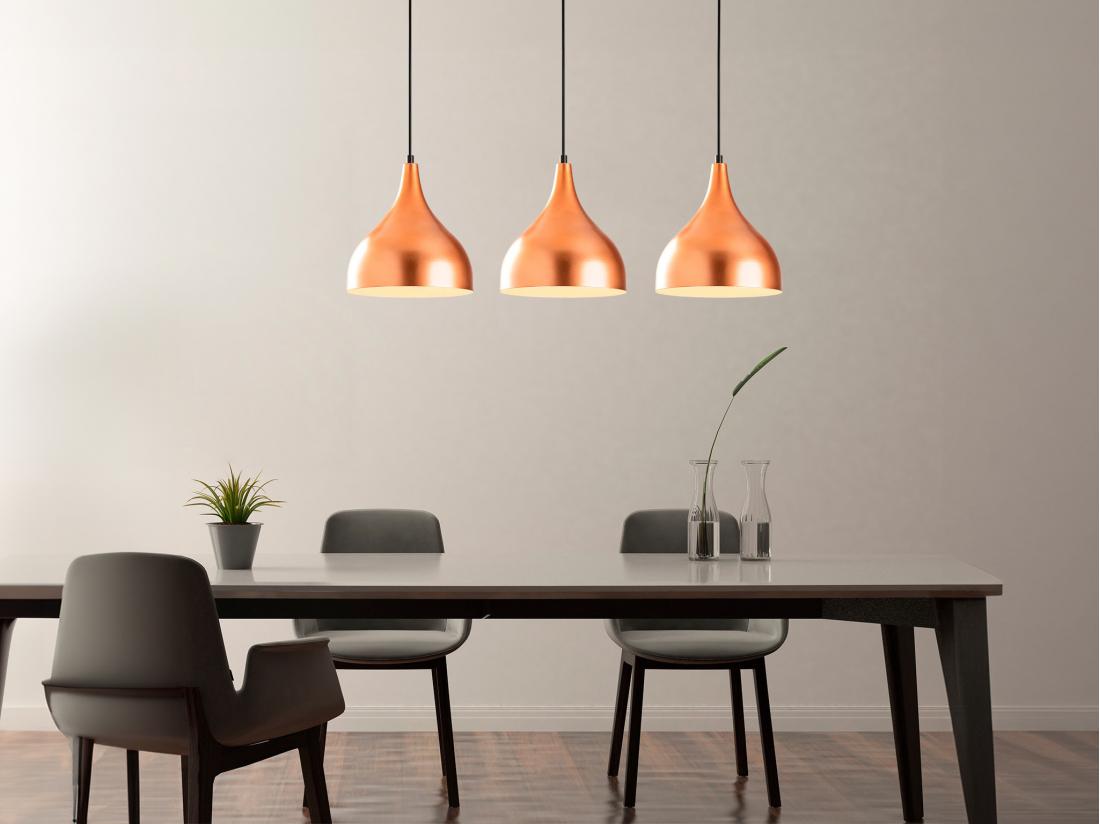 vente unique Lustre en métal à hauteur réglable - 3 abat-jours - L.97 x H. 36/126 cm - Cuivré - YILDO