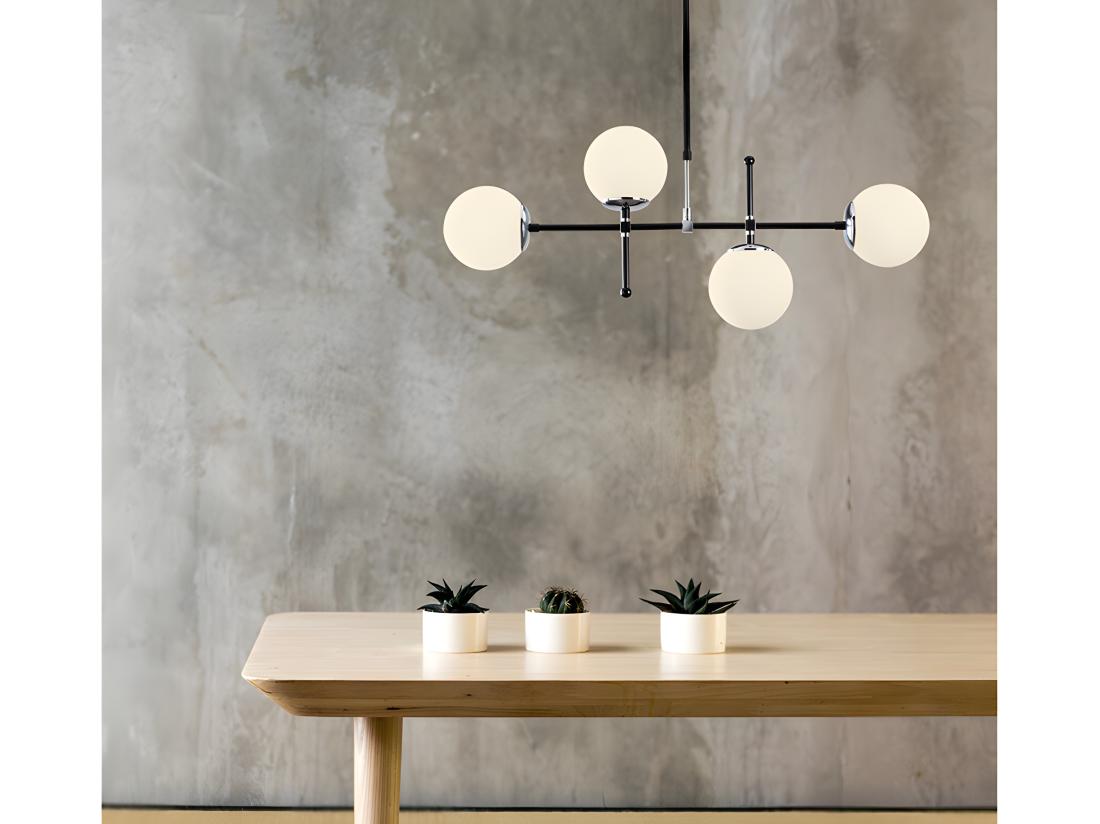 vente unique Lustre en métal à hauteur réglable - 4 globes - L. 108 x H. 67/82 cm - Noir et blanc - LEGEND