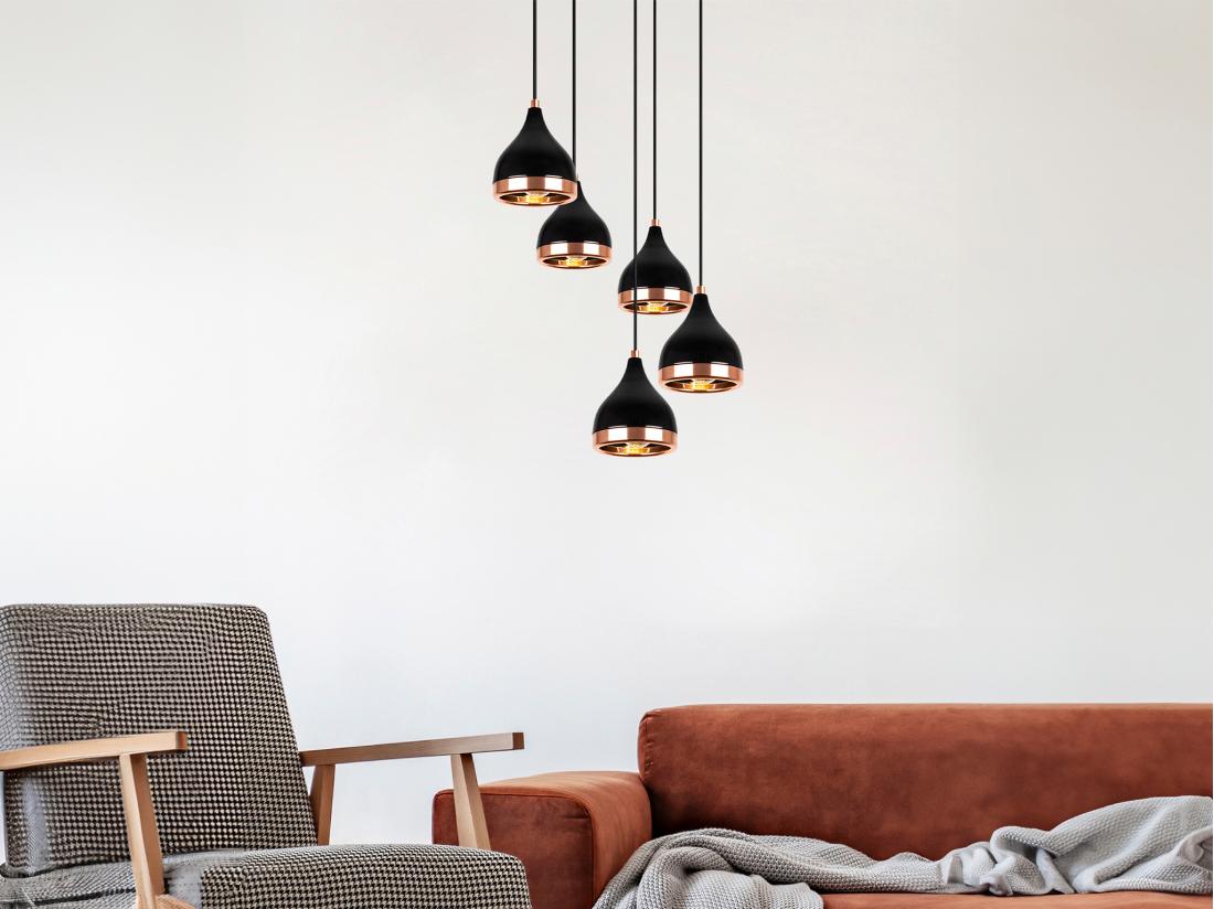 vente unique Lustre en métal à hauteur réglable - 5 abat-jours - D. 43 x H. 45/135 cm - Noir et cuivré - YILDO