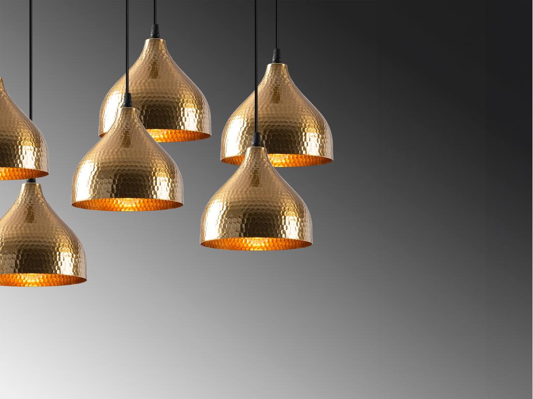 Vente Unique Lustre En Métal à Hauteur Réglable - 7 Abat-jours - L. 88 X H. 114 Cm - Doré Et Noir - SONITI