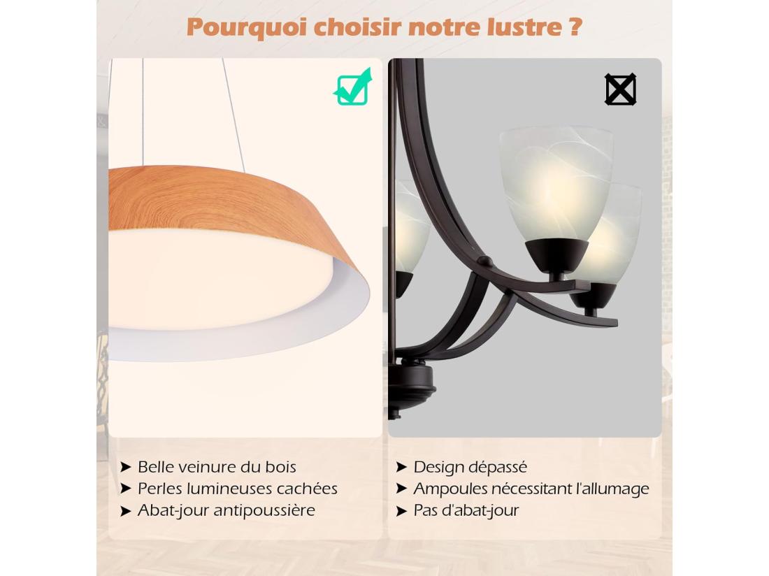 Vente Unique Lustre Suspension Moderne Luminaire Led à Lumière Chaude 3000 K ø 40 Cm Naturel