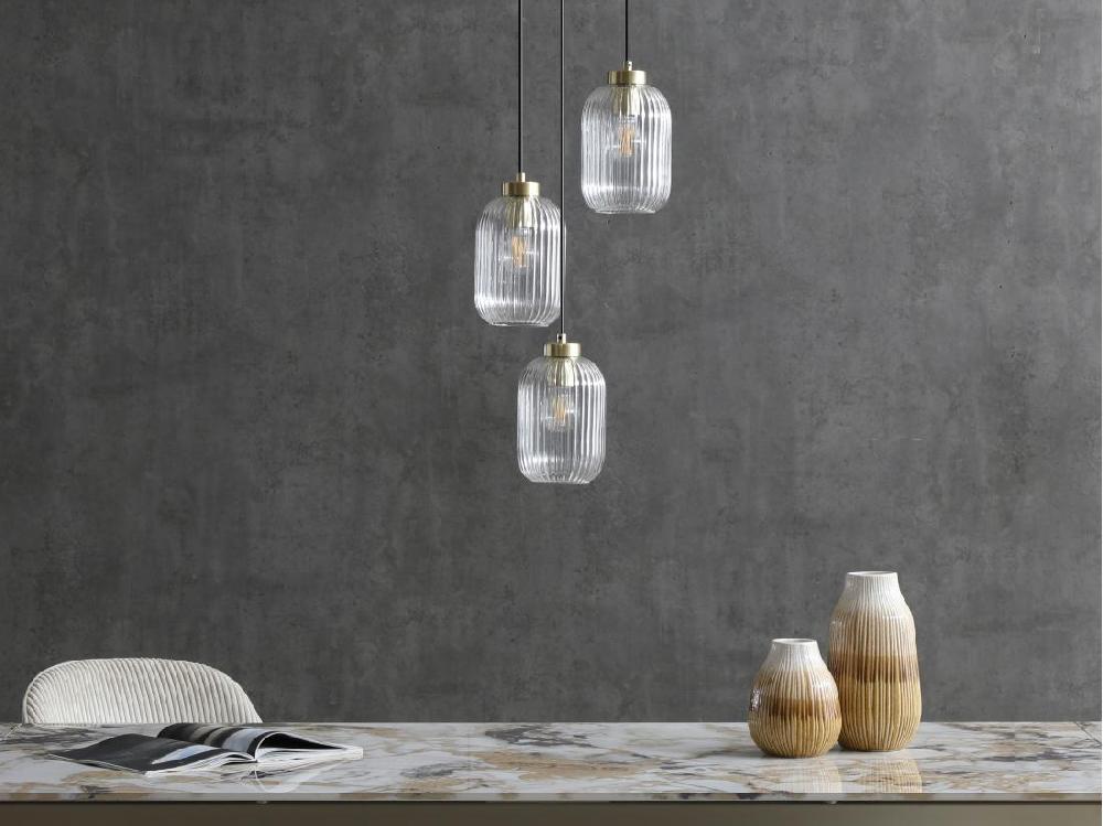 vente unique Lustre vintage en métal et verre - 3 globes - L. 30 x H. 120 cm - Doré - LOUXOR