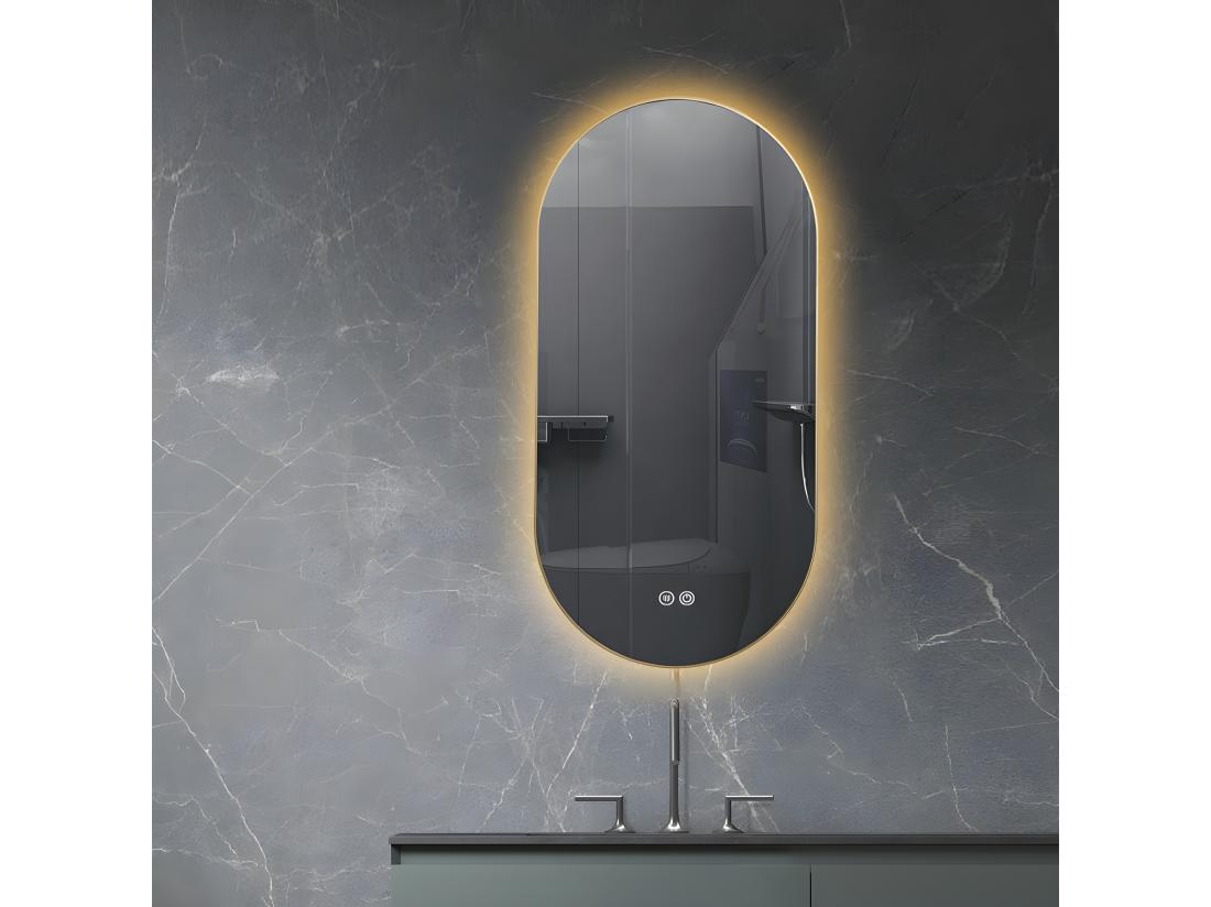 Vente Unique LuxuryBain- Miroir De Salle De Bain LED 45x90cm Ovale Anti Buée Avec Cadre En Aluminium Doré Or