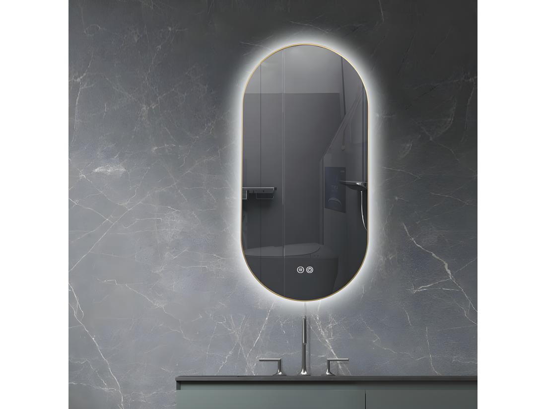 vente unique LuxuryBain- Miroir de salle de bain LED 45x90cm ovale anti buée avec cadre en aluminium doré or