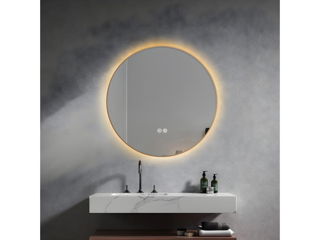 Vente Unique LuxuryBain- Miroir De Salle De Bain LED 60cm Rond Anti Buée Avec Cadre En Aluminium Doré Or