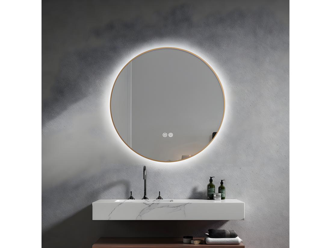 Vente Unique LuxuryBain- Miroir De Salle De Bain LED 60cm Rond Anti Buée Avec Cadre En Aluminium Doré Or