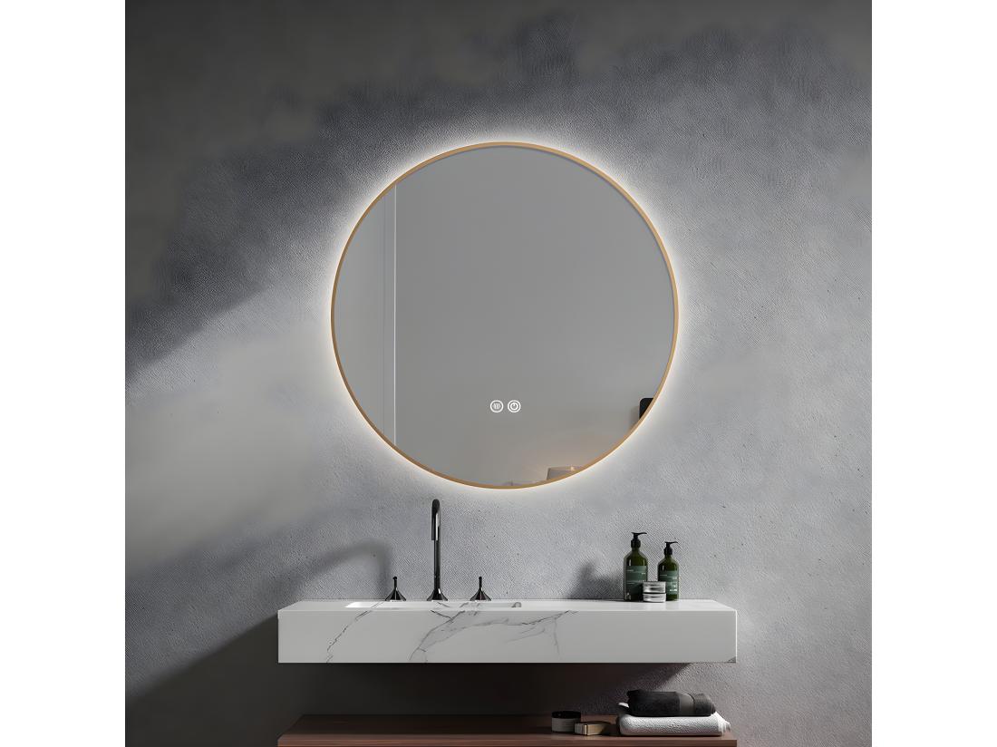 vente unique LuxuryBain- Miroir de salle de bain LED 60cm rond anti buée avec cadre en aluminium doré or