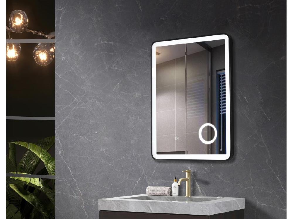 Vente Unique LuxuryBain- Miroir Salle De Bain LED 50x70cm Avec Cadre En Aluminium Noir Et Loupe Grossissante X3