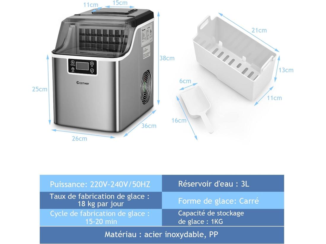 Vente Unique Machine à Glaçons 18kg/24 H Avec Emplacement De Bonbonne Ecran Lcd Minuterie Pelle Auto-nettoyage Réservoir D'eau
