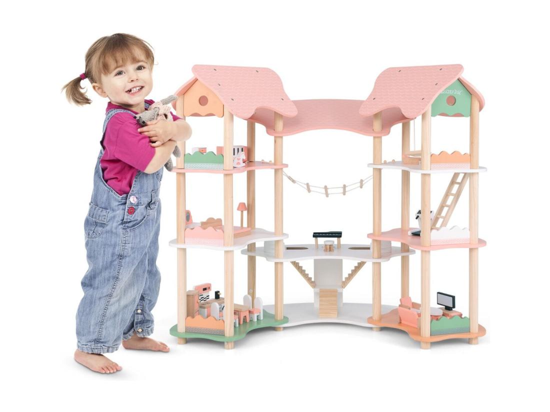 Vente Unique Maison De Poupée En Bois Avec 7 Pièces & 32 Meubles Maison De Rêve à 3 Étages Avec Piano & Toit Rose Jeu D’Imitation Princesse Pour Enfants De 3-8 Ans