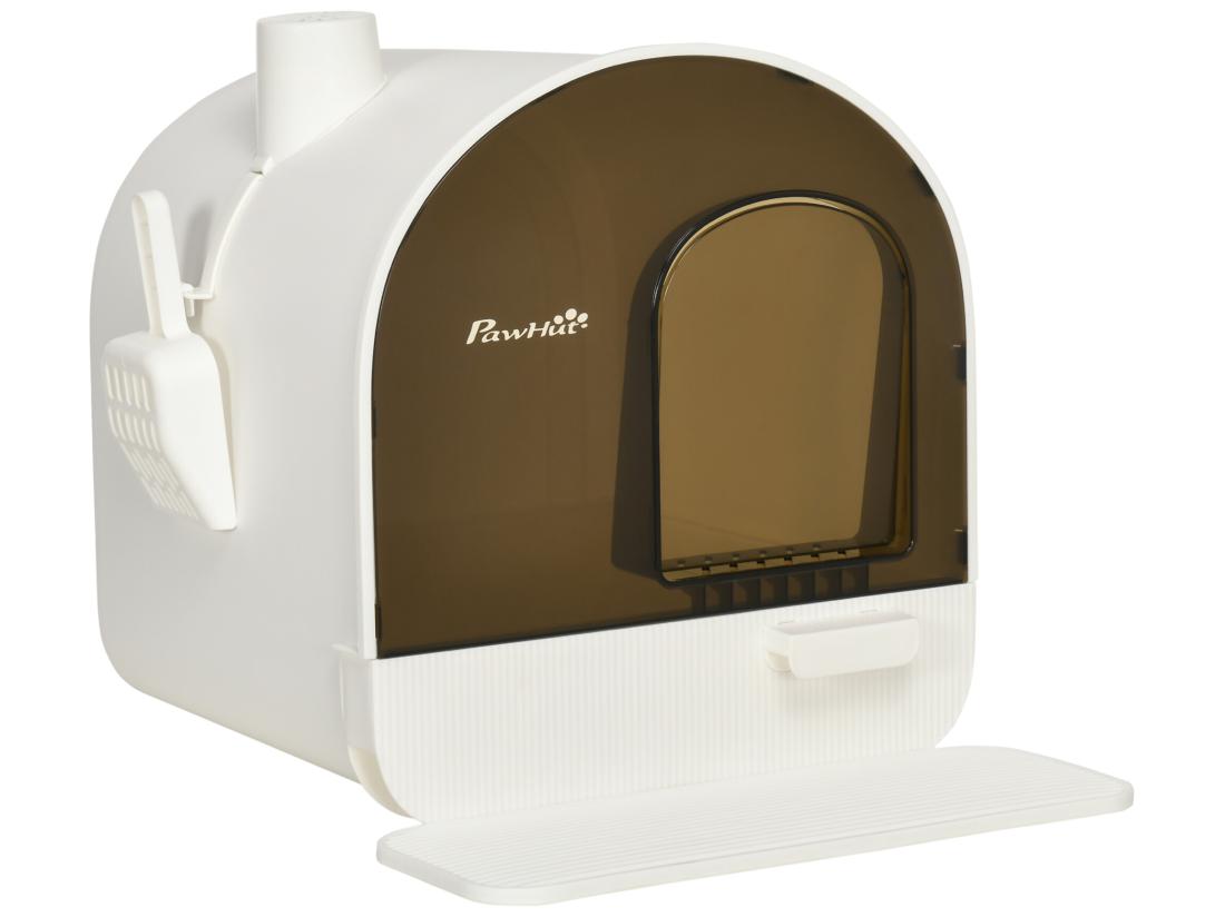 Vente Unique Maison De Toilette Bac à Litière Pour Chat Avec Porte Battante Pelle Et Filtre Inclus Dim. 43L X 44l X 47H Cm PP Blanc Marron Fumé
