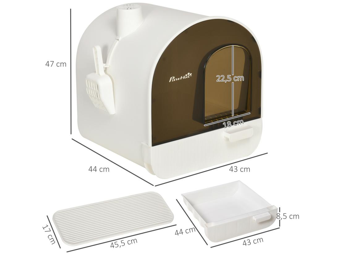 Vente Unique Maison De Toilette Bac à Litière Pour Chat Avec Porte Battante Pelle Et Filtre Inclus Dim. 43L X 44l X 47H Cm PP Blanc Marron Fumé