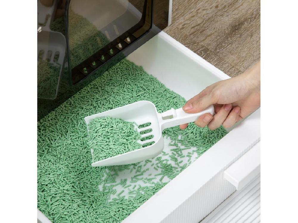 Vente Unique Maison De Toilette Bac à Litière Pour Chat Avec Porte Battante Pelle Et Filtre Inclus Dim. 43L X 44l X 47H Cm PP Blanc Marron Fumé