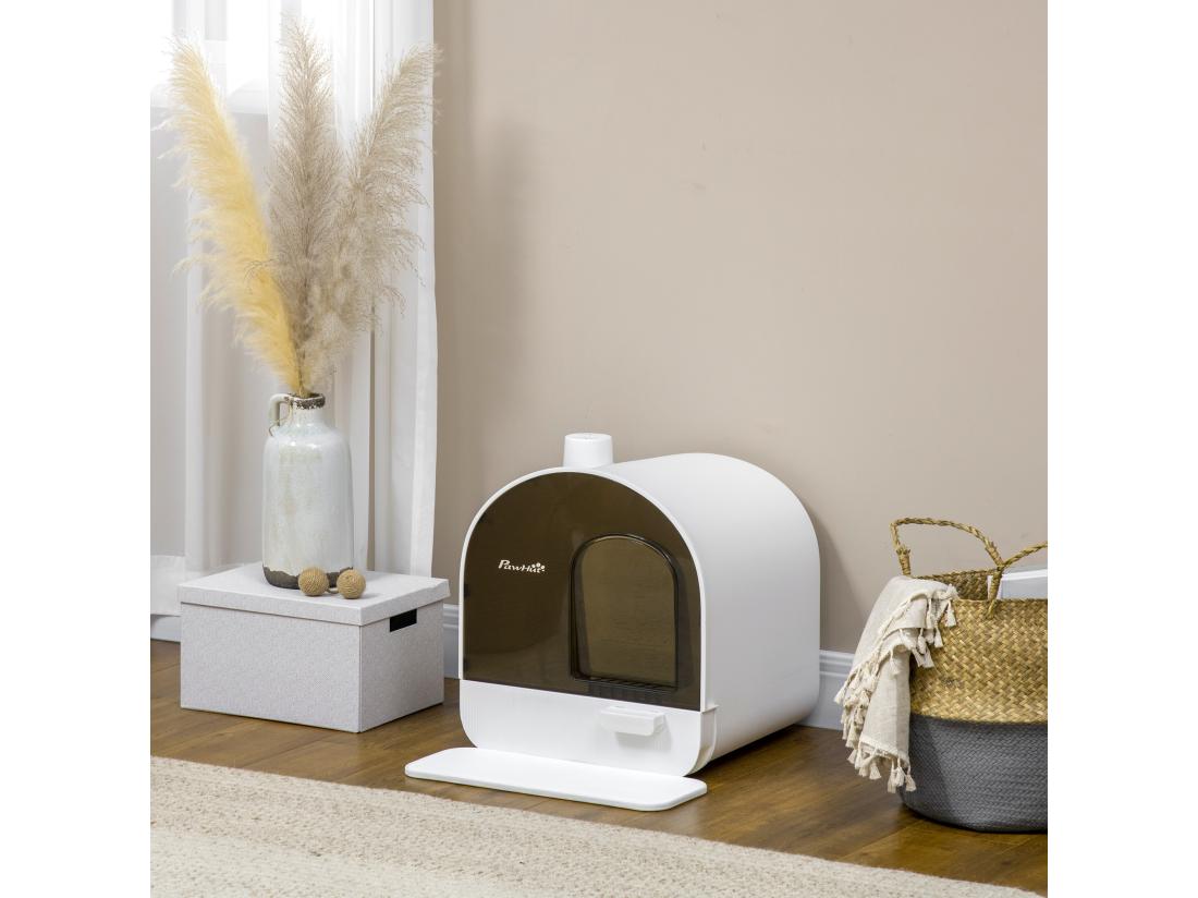 vente unique Maison de toilette bac à litière pour chat avec porte battante pelle et filtre inclus dim. 43L x 44l x 47H cm PP blanc marron fumé