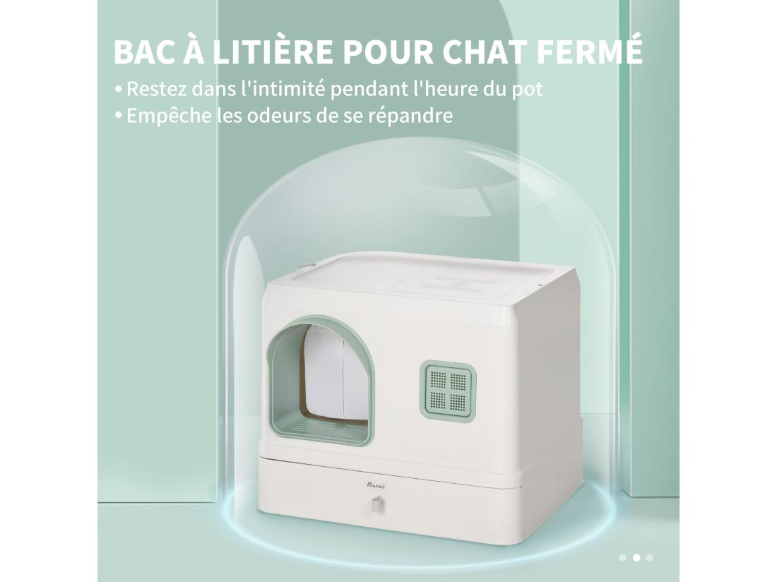 Vente Unique Maison De Toilette Chat Design Maisonnette - Pelle 2 Désodorisants Plateau Coulissant Intégrés - Blanc Vert