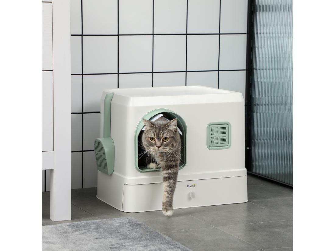 Vente Unique Maison De Toilette Chat Design Maisonnette - Pelle 2 Désodorisants Plateau Coulissant Intégrés - Blanc Vert