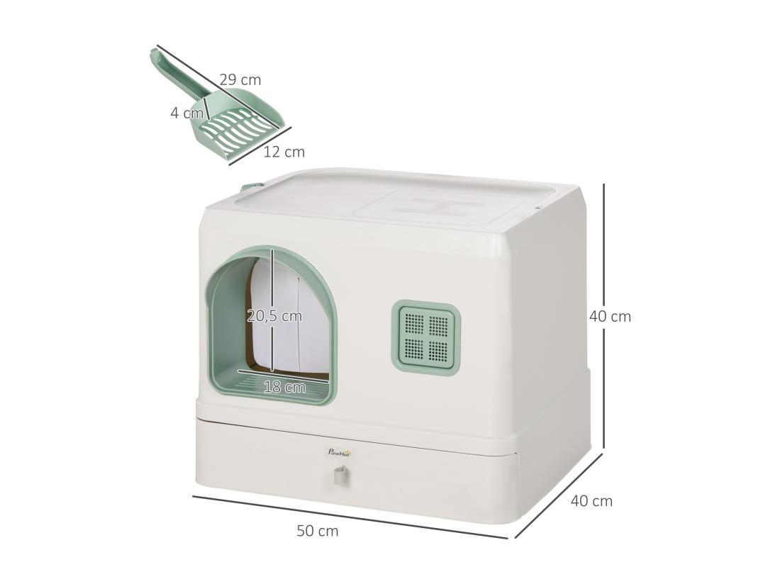 Vente Unique Maison De Toilette Chat Design Maisonnette - Pelle 2 Désodorisants Plateau Coulissant Intégrés - Blanc Vert