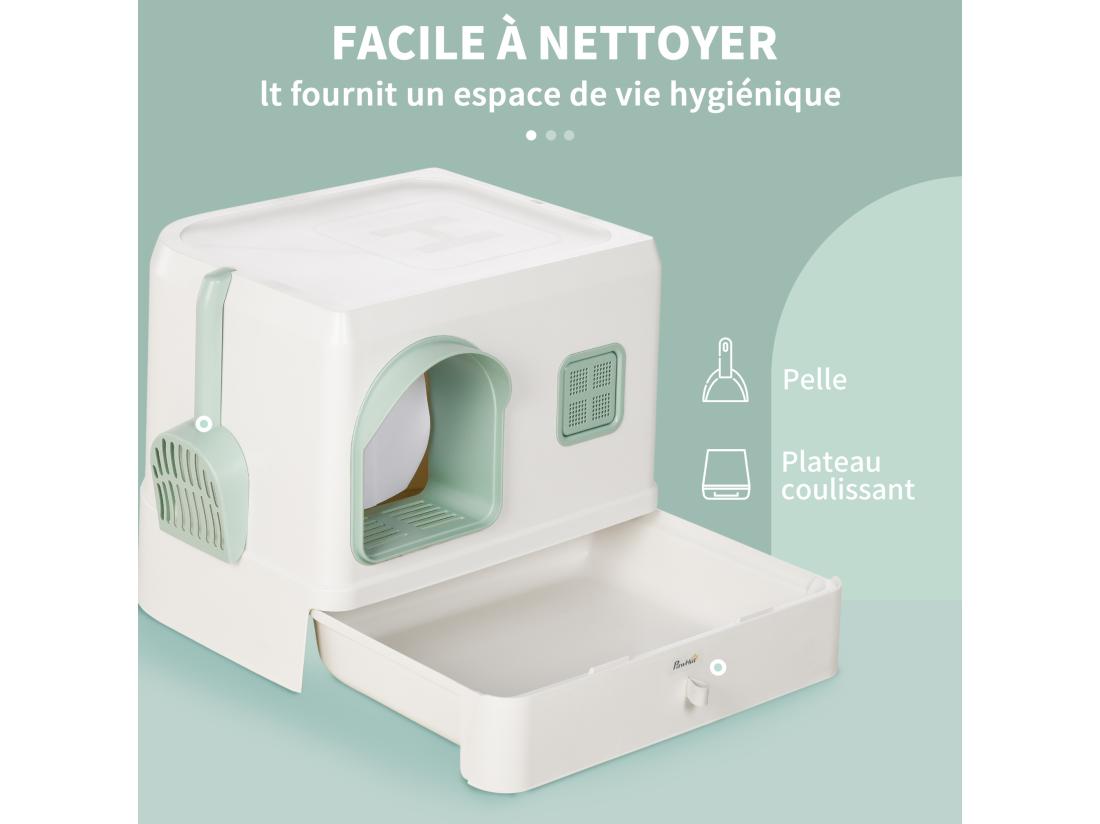 vente unique Maison de toilette chat design maisonnette - pelle 2 désodorisants plateau coulissant intégrés - blanc vert