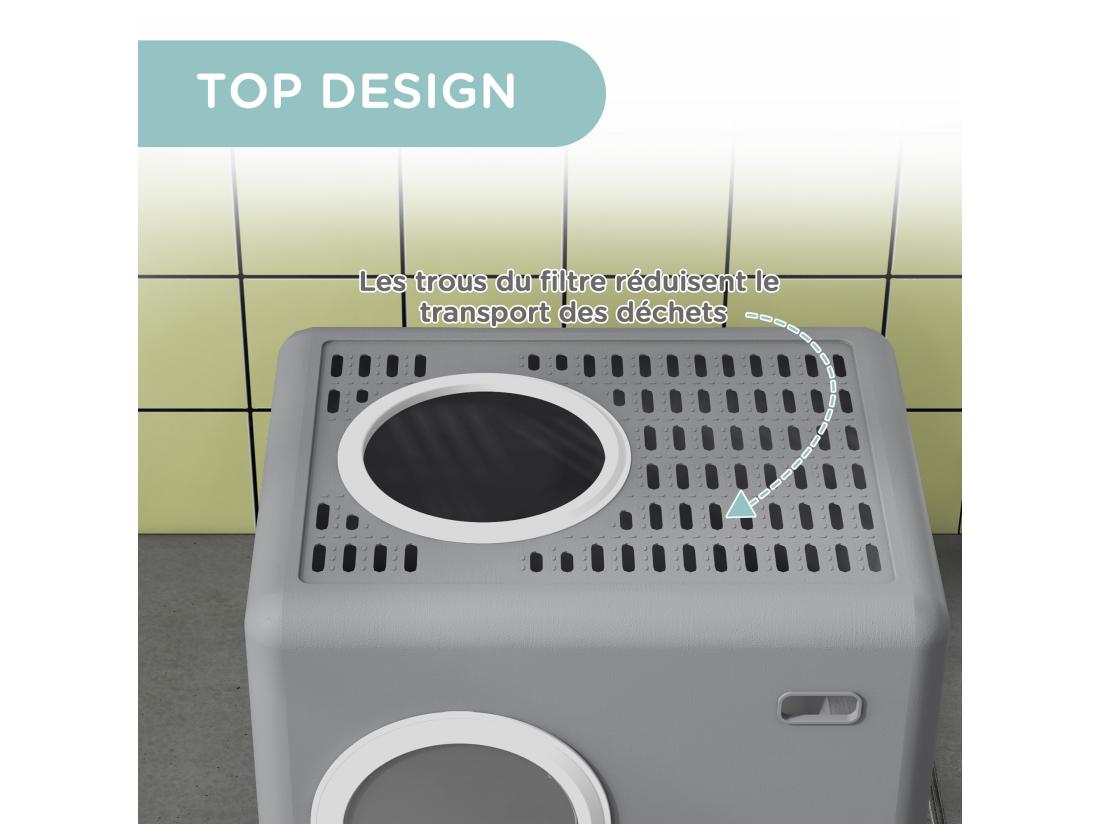 Vente Unique Maison De Toilette Chat Porte Battante Et Haute Pelle PP Gris Blanc