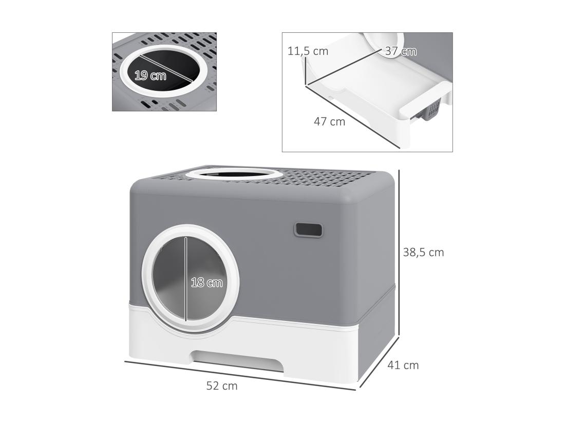 vente unique Maison de toilette chat porte battante et haute pelle PP gris blanc