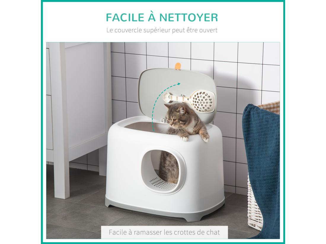 Vente Unique Maison De Toilette Litière Pour Chat - Porte Couvercle Ouvrant - Pelle Incluse - Blanc Gris Clair