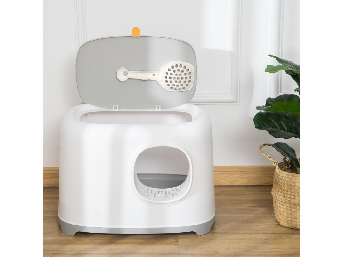 Vente Unique Maison De Toilette Litière Pour Chat - Porte Couvercle Ouvrant - Pelle Incluse - Blanc Gris Clair