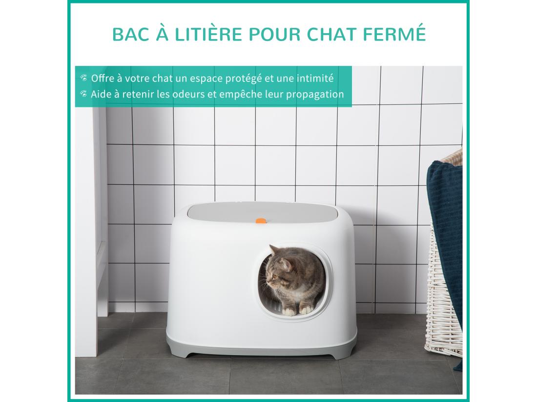 Vente Unique Maison De Toilette Litière Pour Chat - Porte Couvercle Ouvrant - Pelle Incluse - Blanc Gris Clair